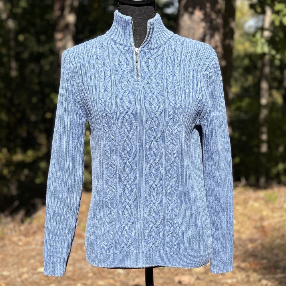 Vintage Lands' End Sweater Womens S Blue Cable Knit Quarter Zip Cotton Preppy